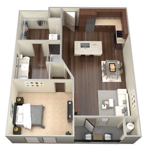 Floor plan for 1 bed, 1 bath, 698 sqft